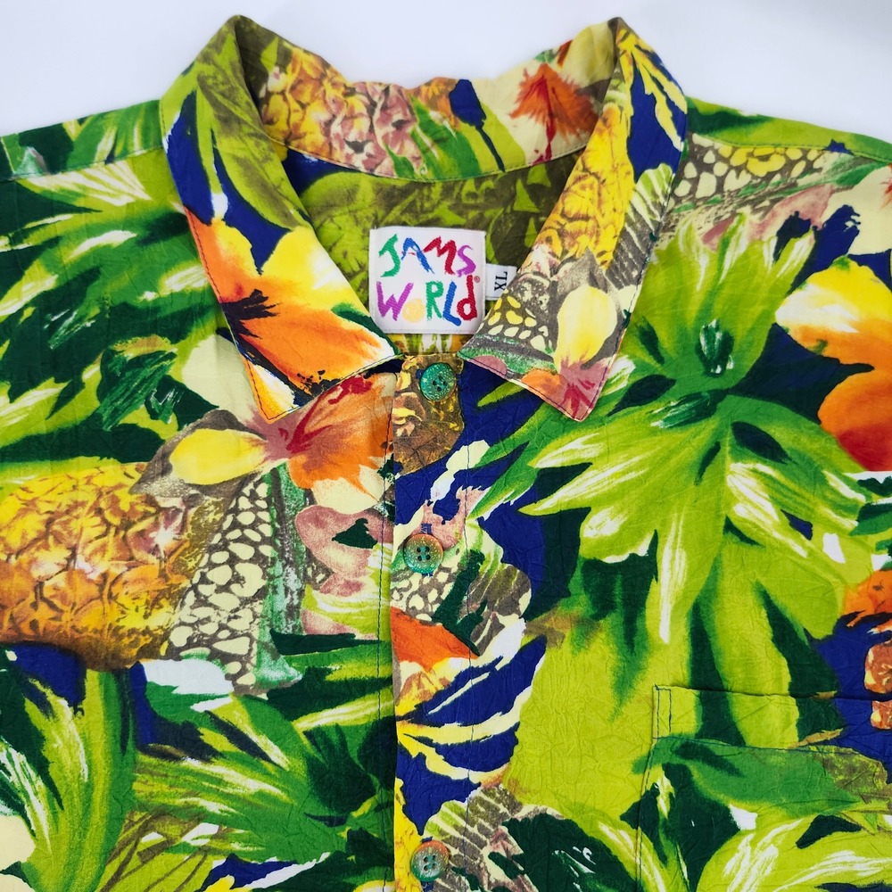 Vtg Jams World Mens Hawaiian Shirt Size XL Tropical Pineapple Hibiscus Aloha